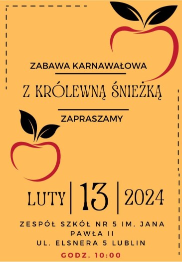 plakat informacyjny Zabawa karnawałowa z Królewną Śnieżką